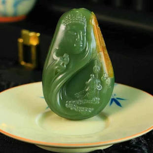 天然和田玉沙枣青一心向佛吊坠男女款玉石挂件项链知了玉坠玉佩