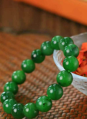 天然老坑和田玉菠菜绿碧玉手串