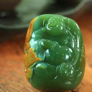 天然和田玉碧玉沙枣青弥勒佛吊坠男女款玉石挂件玉佩笑佛玉坠佛公