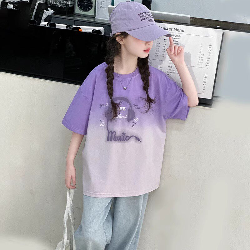 女童夏季新款百搭渐变短袖T恤