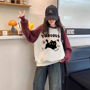 慵懒chic插肩袖卫衣女童酒红冬季加绒新款宽松圆领无帽春秋打底衫