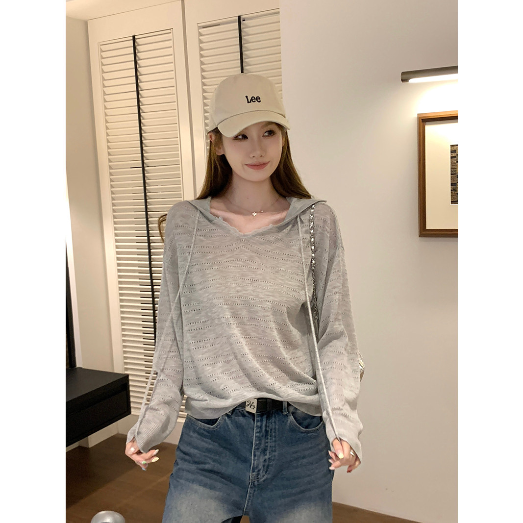 韩系灰色镂空连帽防晒针织衫女夏季独特百搭外搭小罩衫薄款上衣