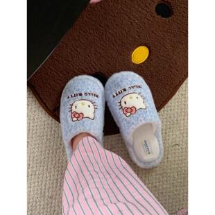 日本代购GP豹纹Hello Kitty棉拖鞋女冬室内防滑居家可爱毛毛拖鞋