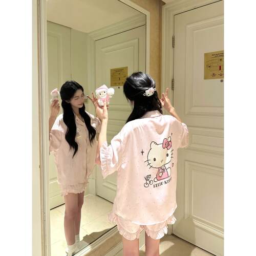 日本you gelato pique睡衣女短袖胸垫夏可爱Hellokitty冰丝家居服