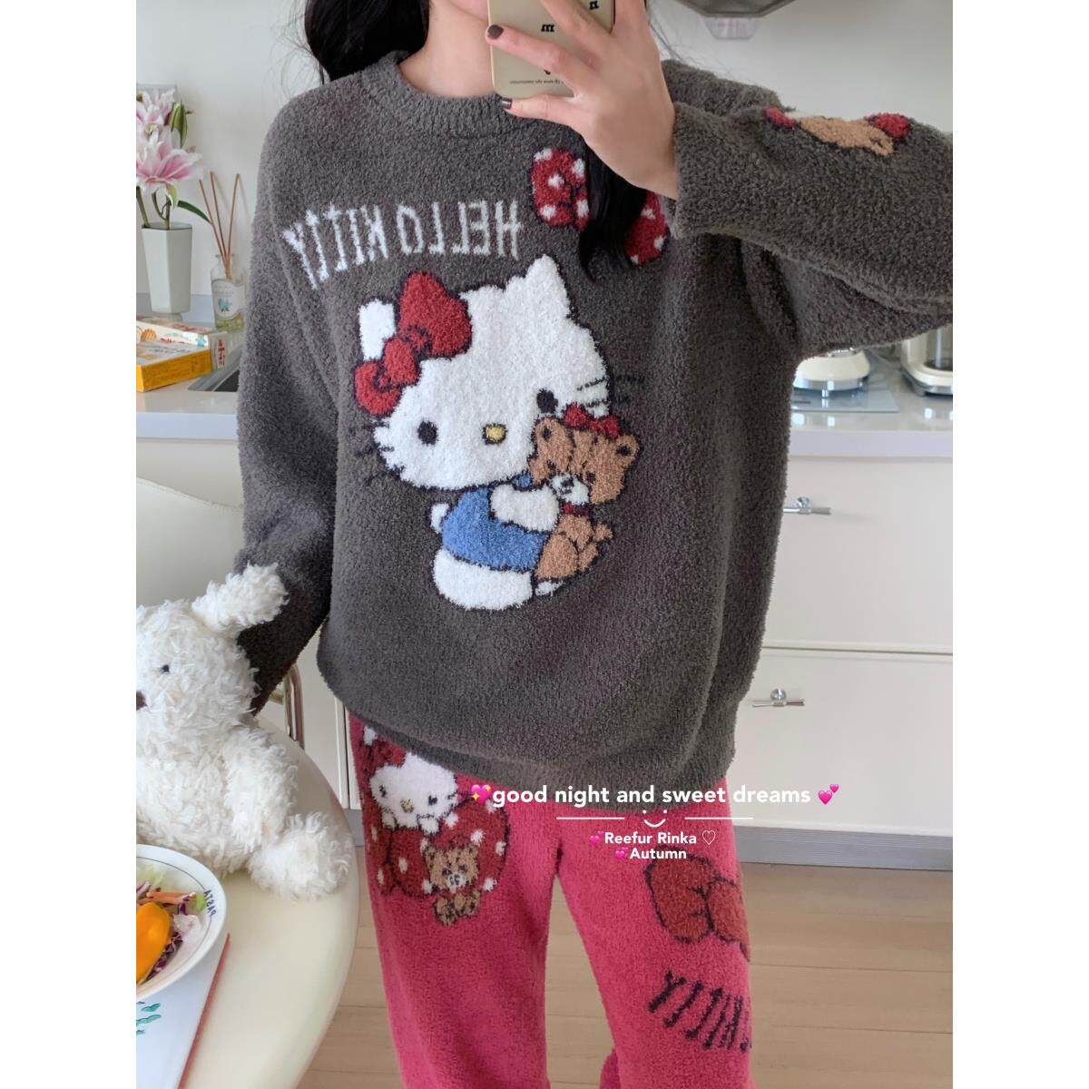 日本you gelato pique软绵绵睡衣女冬季蝴蝶结Kitty猫保暖家居服