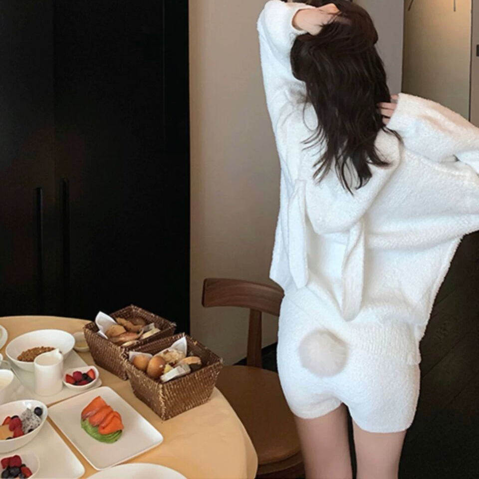 日本you gelato pique兔耳朵连帽睡衣女秋冬软绵绵三件套家居服
