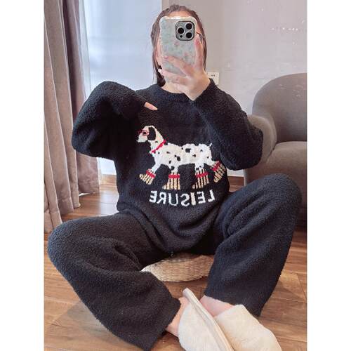 小狗珊瑚绒加绒睡衣套装女秋冬