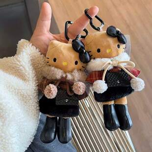 日本代购中古咖色毛绒挂件书包包挂饰kitty可爱公仔玩偶kt猫挂件