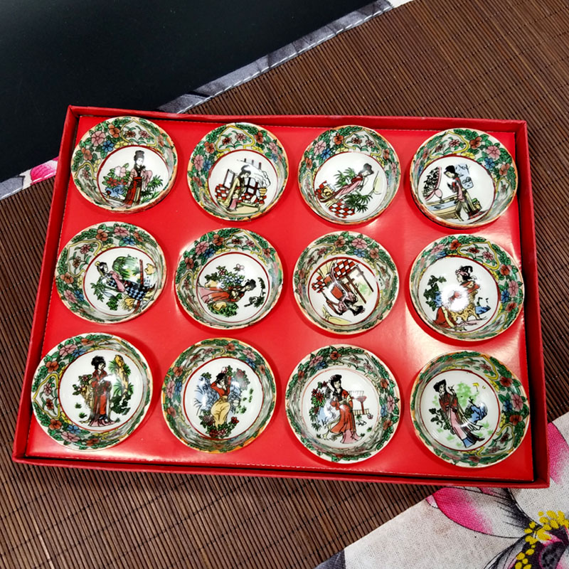 民国粉彩万花人物十二金钗茶杯 仿古工艺瓷器 家居摆件 古董古玩