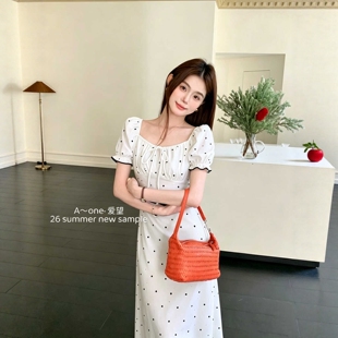 A-ONE法式温柔甜美波点纯欲高腰收腰显瘦系带连衣裙小众设计长裙