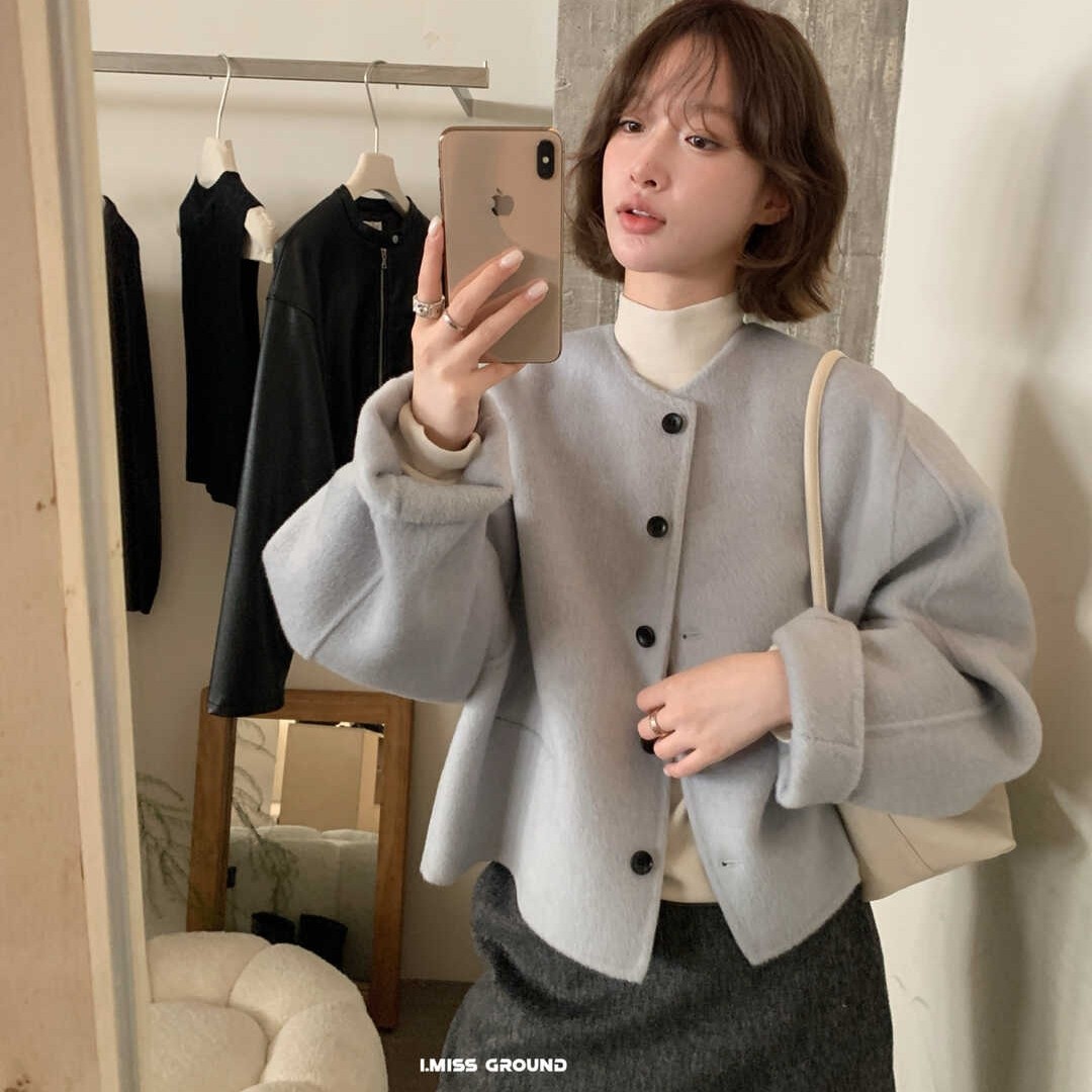 IMISS韩系简约单排扣100%羊毛高品质手工双面加厚短款羊绒呢外套