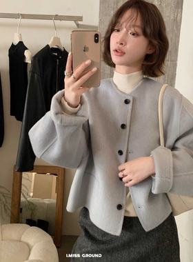 IMISS韩系简约单排扣100%羊毛高品质手工双面加厚短款羊绒呢外套