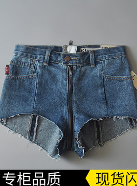 中高腰性感开档拉链牛仔短裤修身显瘦毛边拼接超短裤阔腿热裤女秋