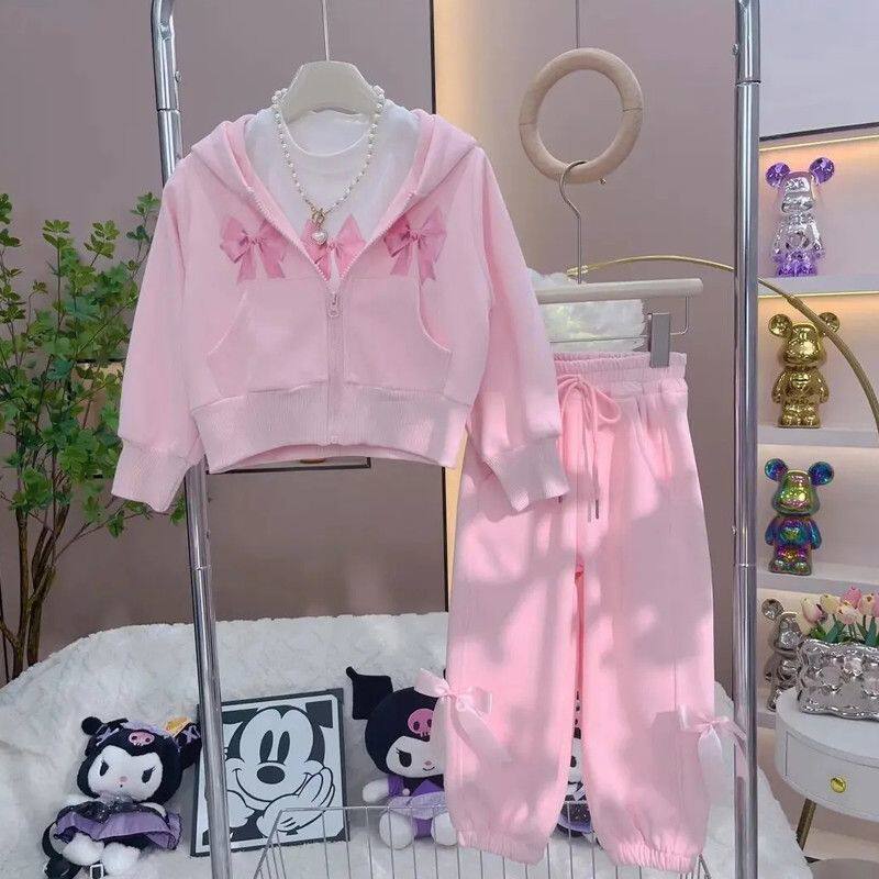 可爱休闲风女童连帽拉链套装春秋粉色蝴蝶结三件套初中学生少女装