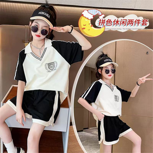 女童美式辣妹风拼色POLO衫套装夏季运动休闲两件套中大童短袖短裤