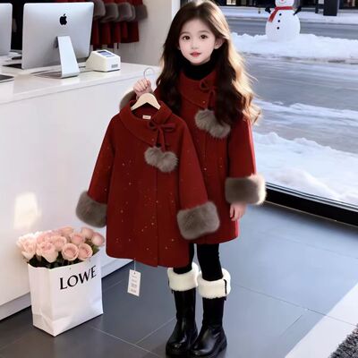 新年女童中长款毛球呢大衣拜年服