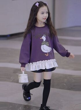 女童紫色卡通鸭子卫衣裙春秋可爱花苞裙休闲中长款中小学生连衣裙