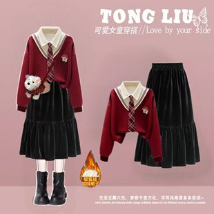 女童超好看的少女学院风假两件卫衣套装秋冬加绒保暖翻领裙子套装