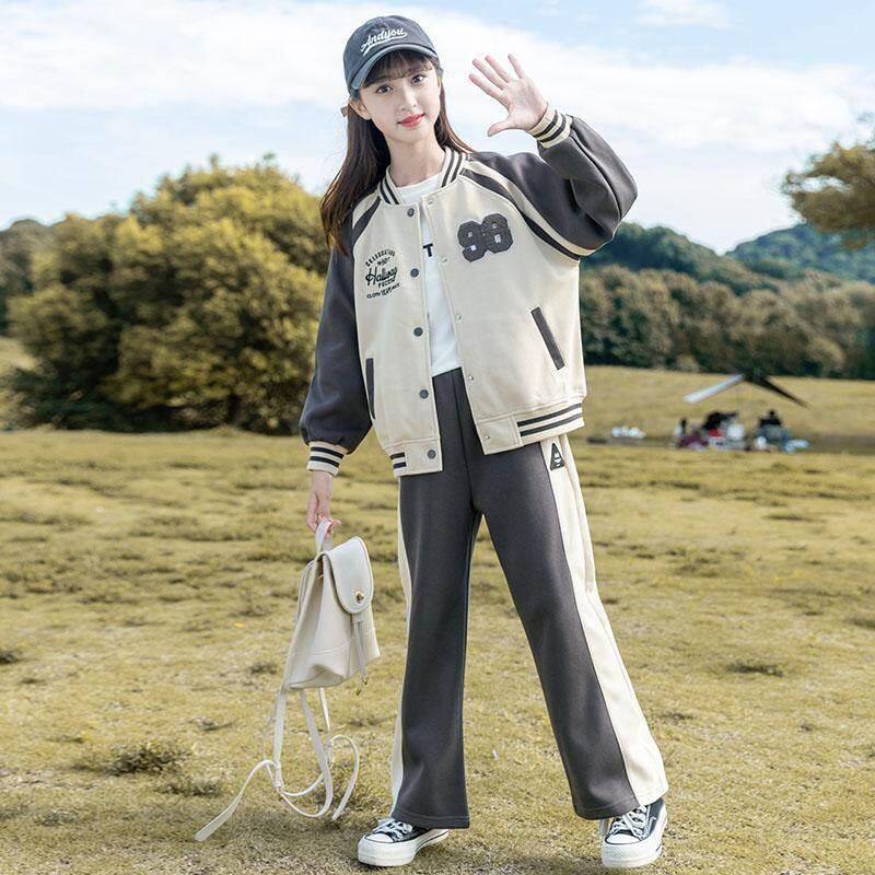女童休闲运动套装春秋二件套棒球服外套阔腿裤一整套学生少女套装