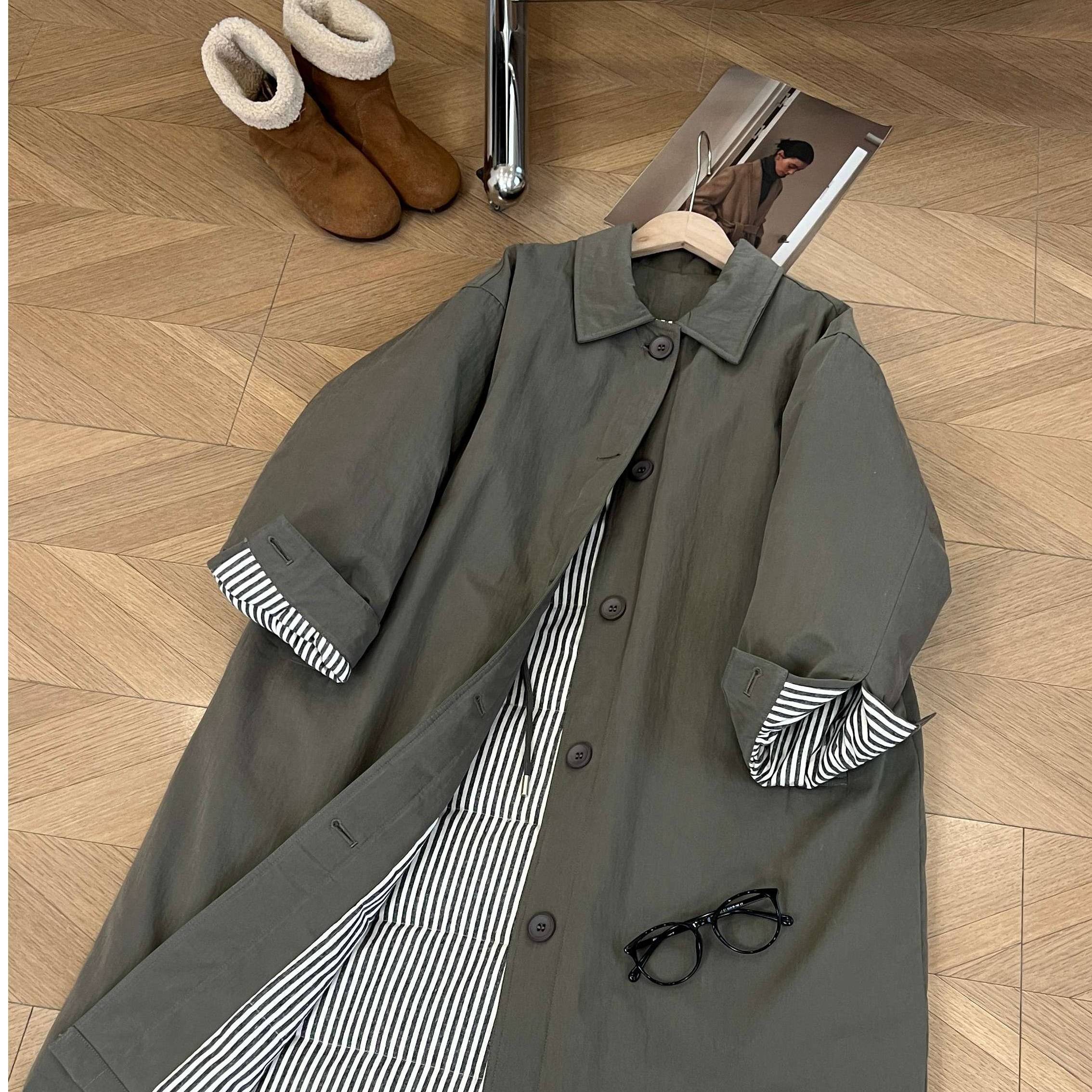 617#韩系长款廓形简约纯色内里条纹90羽绒风衣外套女