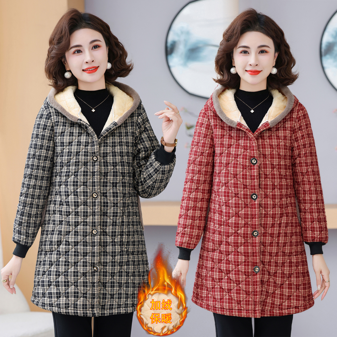 中老年人女秋冬加绒格子连帽棉衣妈妈冬季保暖洋气中长款棉服外套