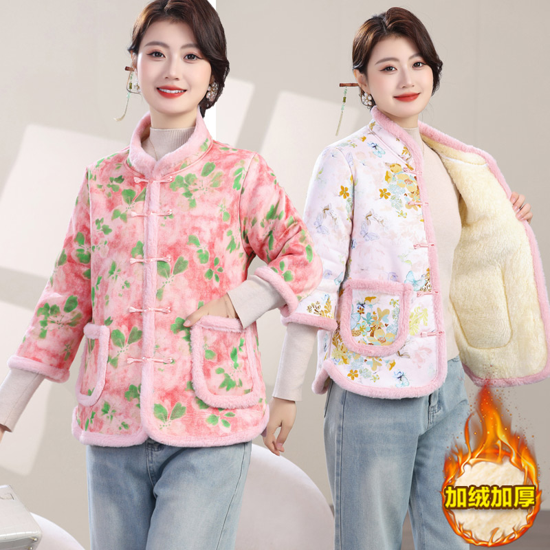 妈妈秋冬中式国风七分棉服加绒加厚棉衣马甲保暖中老年人盘扣棉袄