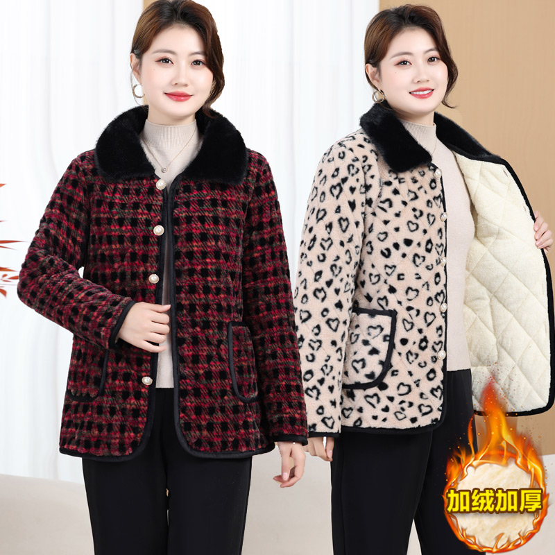 妈妈秋冬复古小香风豹纹棉服外套中老年加绒加厚毛领大码减龄棉衣