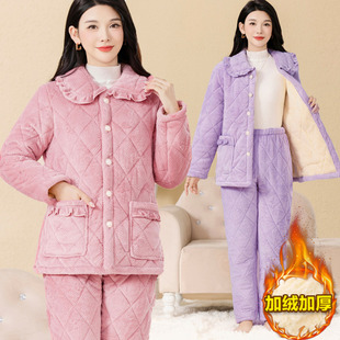 妈妈秋冬加绒加厚保暖棉衣中老年人翻领洋气居家睡衣棉袄棉裤 套装