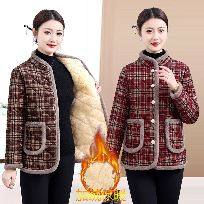 洋气妈妈秋冬格子棉衣外套女中老年人加绒保暖立领时尚百搭棉袄