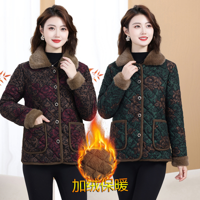 中老年秋冬加绒加厚保暖棉服翻领棉衣宽松显瘦妈妈装印花爆款外套
