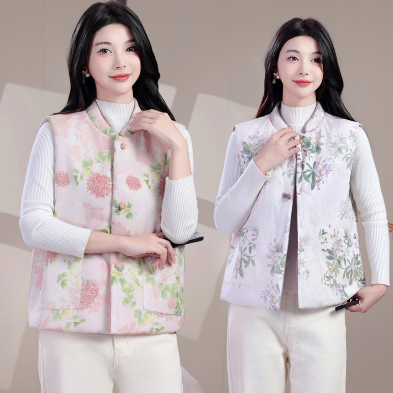 妈妈秋冬加棉加厚保暖全棉坎肩棉衣中老年洋气印花双面穿马甲背心