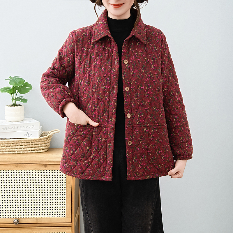 妈妈秋冬夹棉加厚外套中老年人女翻领洋气碎花春秋棉麻薄款小棉衣
