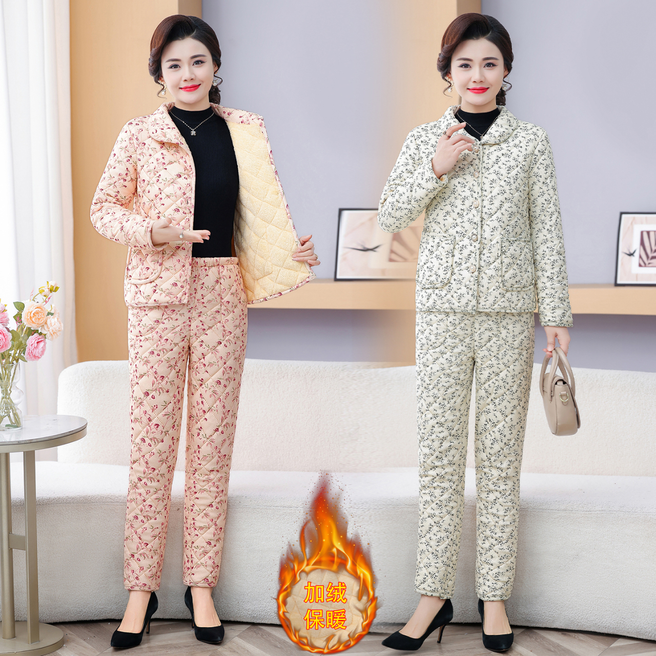 中老年人碎花翻领加绒保暖棉服套装妈妈装冬季洋气棉衣棉裤两件套