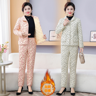 洋气棉衣棉裤 冬季 两件套 妈妈装 中老年人碎花翻领加绒保暖棉服套装