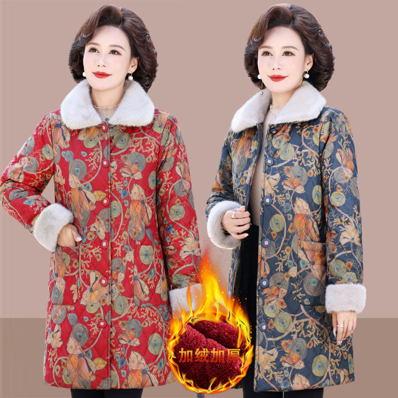时尚妈妈加绒加厚中长款棉服秋冬保暖毛领中老年印花大码棉衣外套