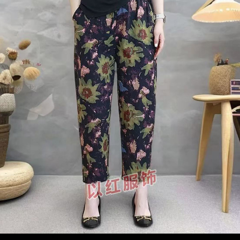 夏季大码棉麻印花九分哈伦裤新款中老年女裤休闲抖音爆款妈妈裤子