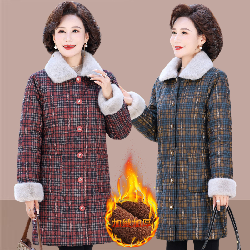 妈妈加绒加厚格子中长款翻领棉服中老年秋冬保暖大码洋气棉衣袄子
