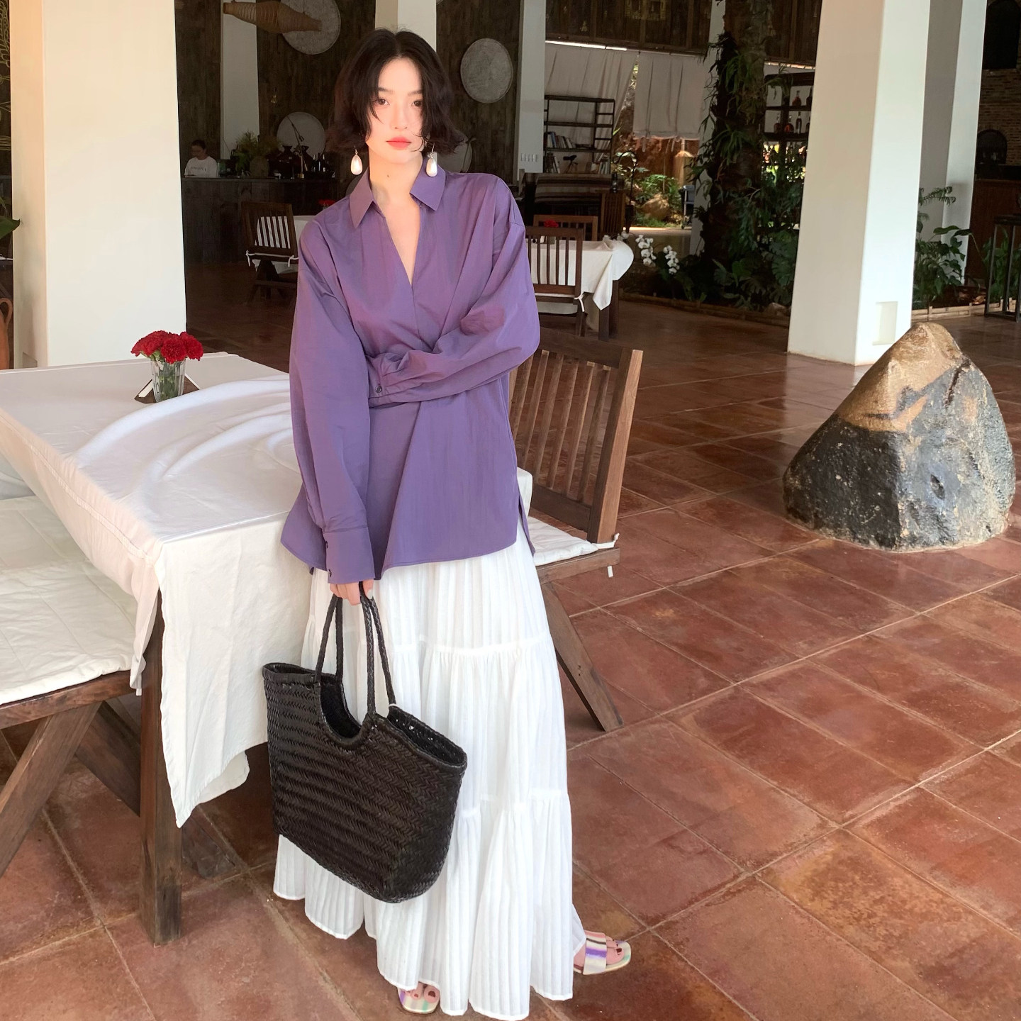 酒午自制【纸间】法式复古夏季慵懒翻V领长袖防晒衬衫薄款上衣女