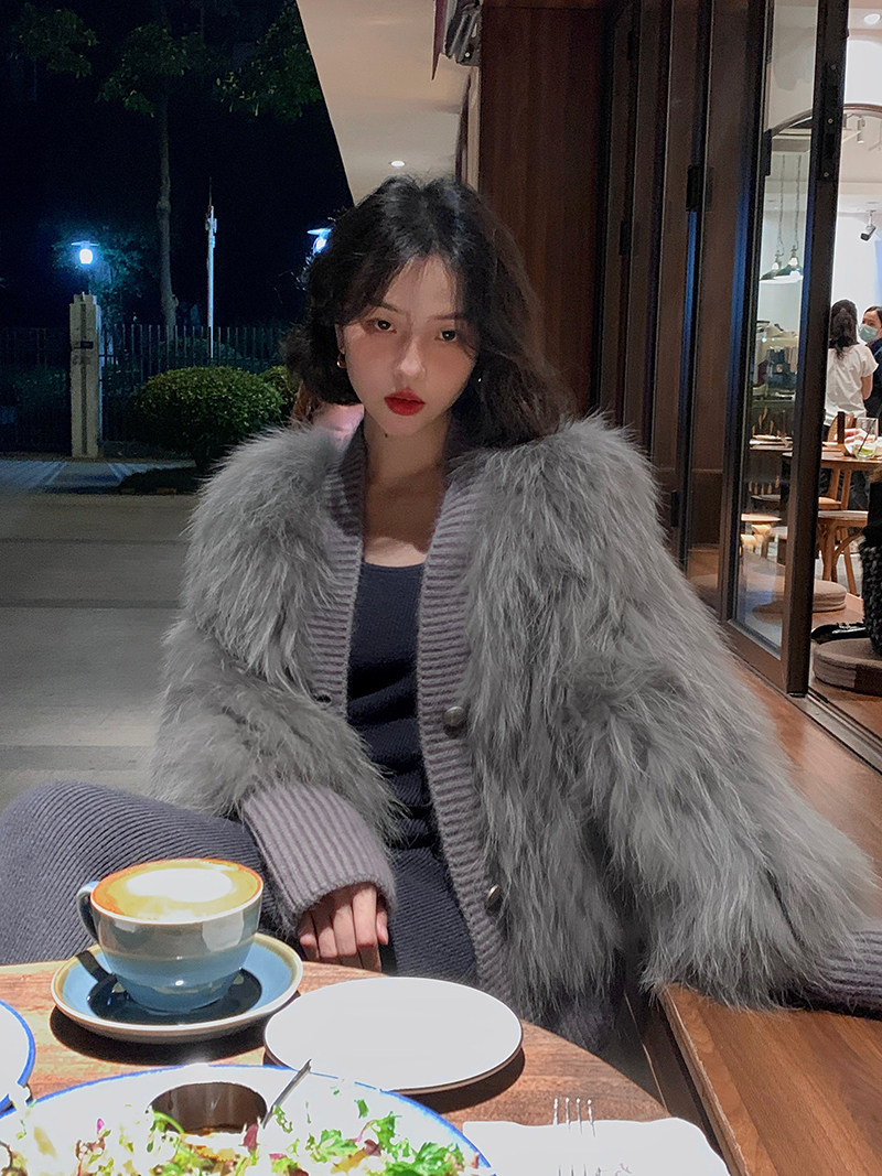 酒午法式复古春秋新款貉子毛拼接针织外套春款保暖修身皮草上衣女
