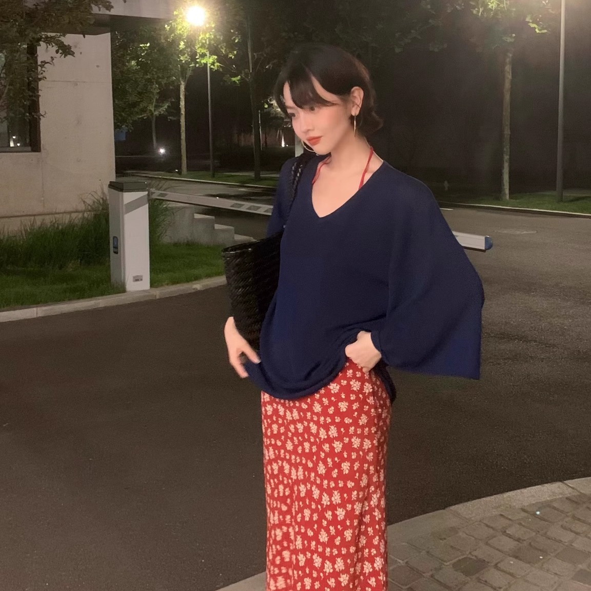 酒午自制港风复古碎花高腰半身裙