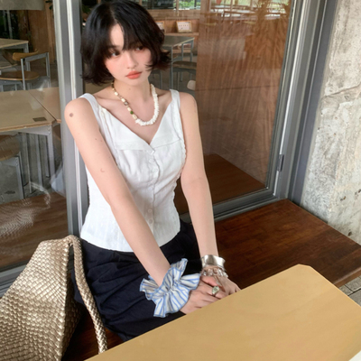 酒午自制法式复古翻领吊带背心女