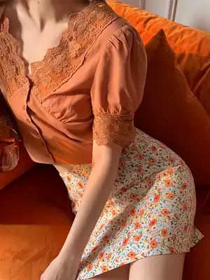 Wine afternoon French vintage 2021 female summer new style Platycodon grandiflorum flower skirt chiffon high waist bag hip A short skirt