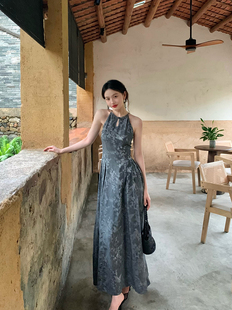 酒午自制【一见欢喜】新中式挂脖镂空领改良旗袍裙大摆连衣裙女夏