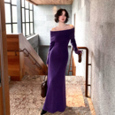 港风复古秋冬新款 紫风铃 酒午自制 一字肩鱼尾连衣裙 双11