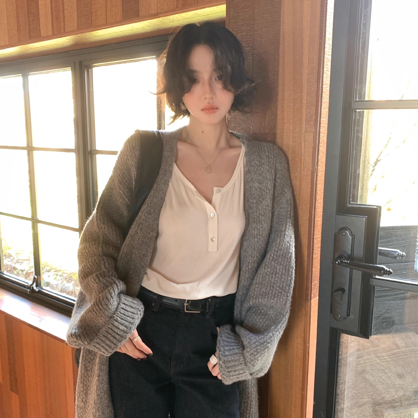 酒午复古慵懒宽松长款针织外套女