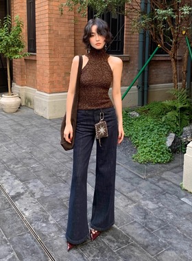 酒午自制【云朵步履】港风复古秋季新款直筒深色牛仔裤长裤