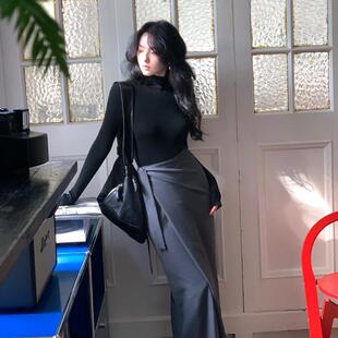 酒午自制折【寻欢】港风复古2024秋季复古绑带高腰长款开衩半身裙