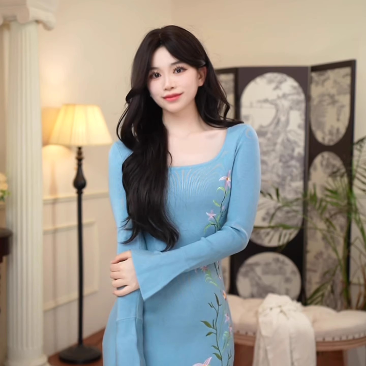 酒午自制绣花针织连衣裙打底长裙