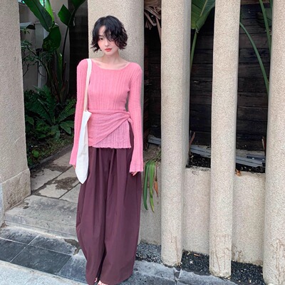 酒午自制【蔷薇软络】港风复古秋季新款坑条围裹式收腰针织上衣女