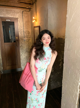 酒午自制【花神】法式夏季波浪褶皱立领花边印花挂脖长款连衣裙女